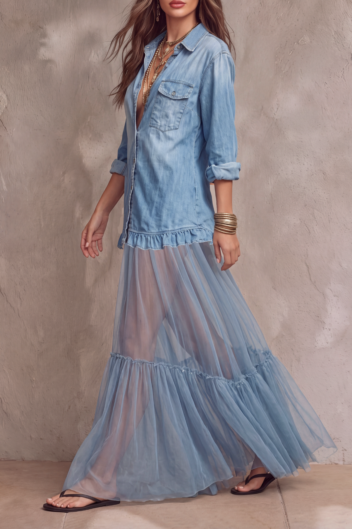 Cessane Button Tulle Maxi Dress