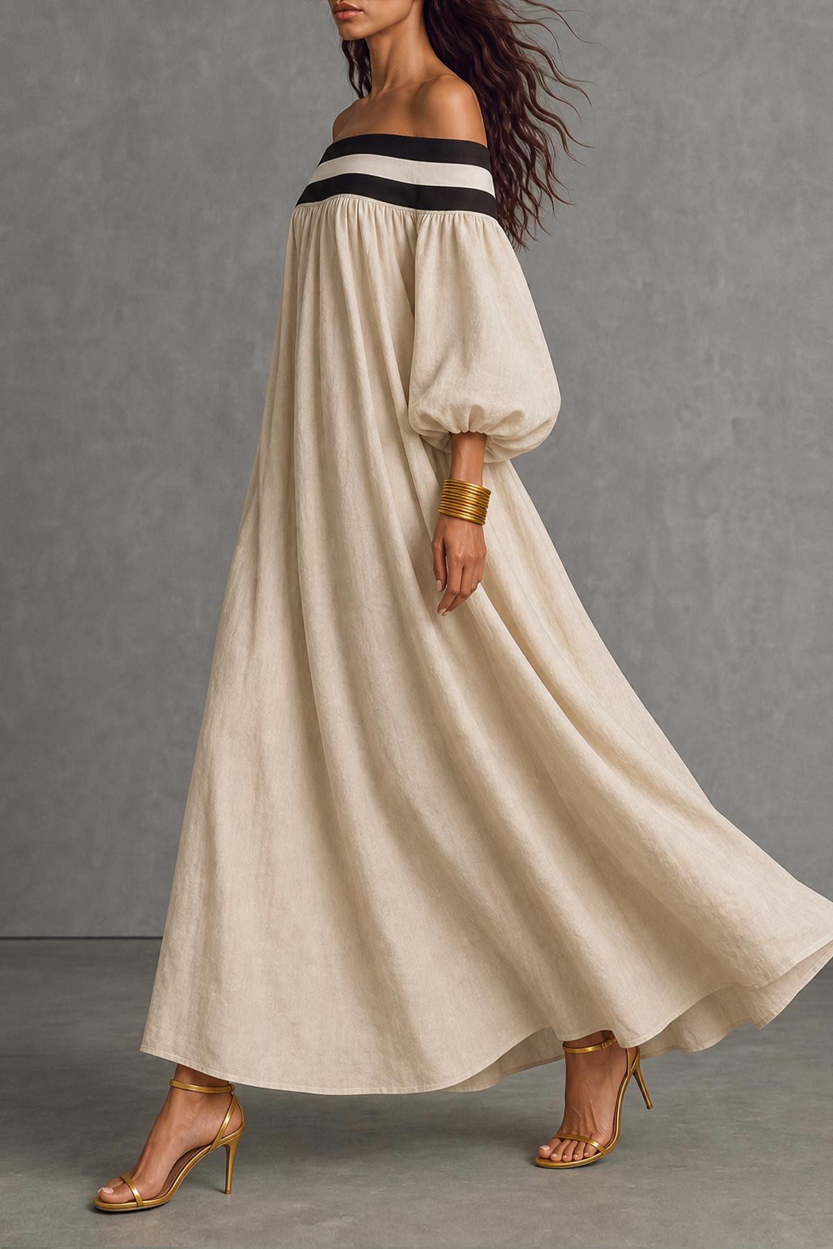 Ciresta Off Shoulder Black Trim Maxi Dress