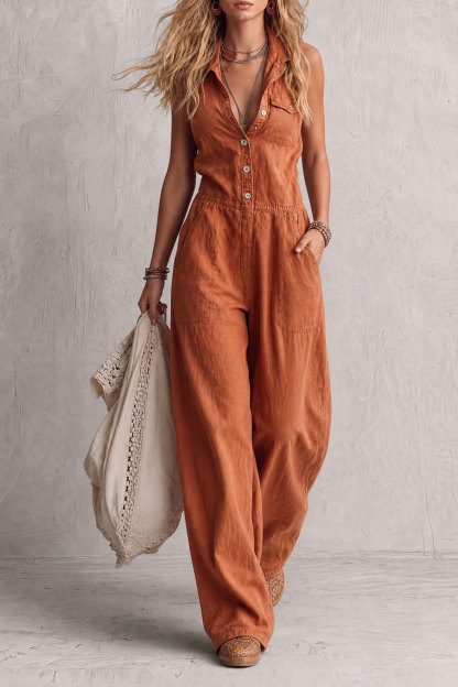 Claire Plunge Neck Button Pocket Jumpsuit 