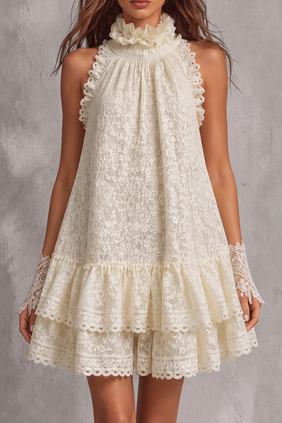 Corvella Halter Neck Lace Trim Floral Mini Dress