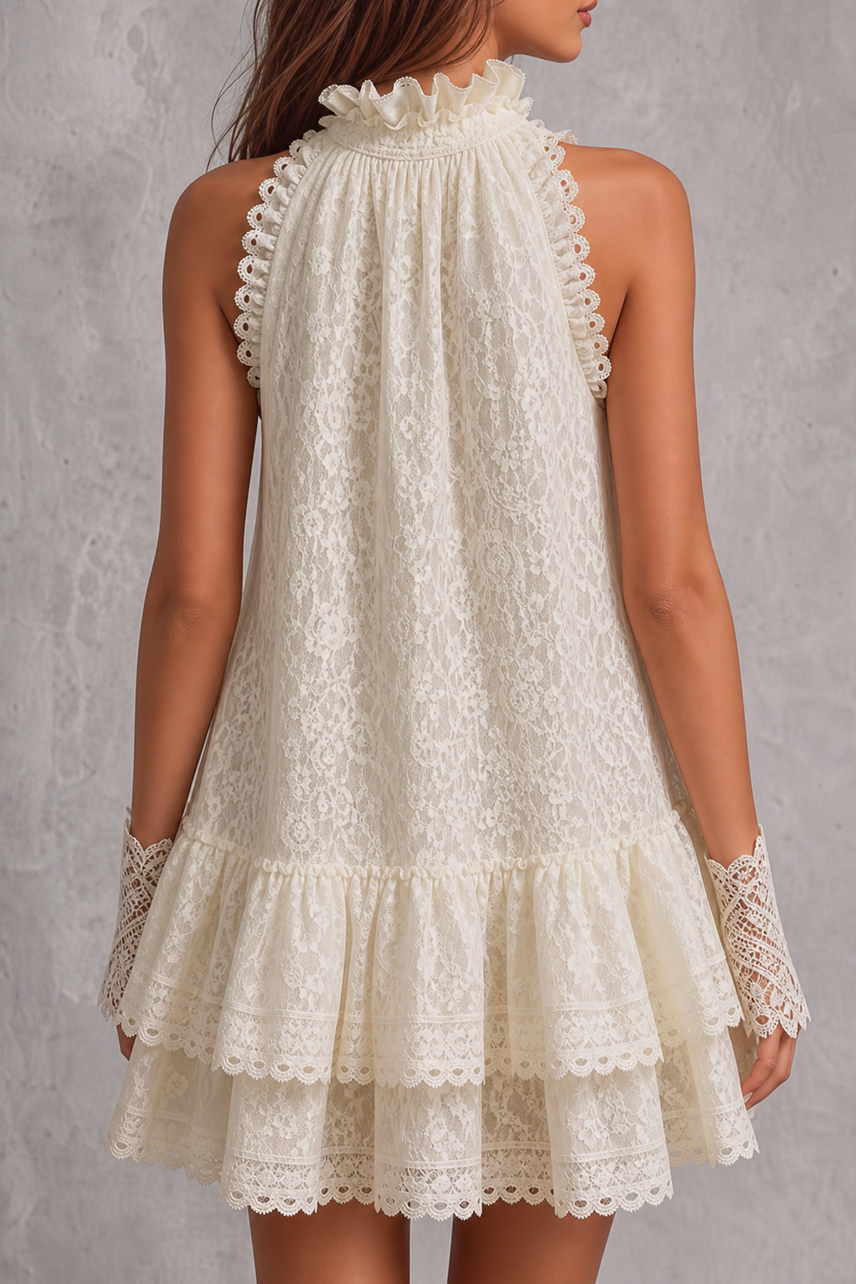Corvella Halter Neck Lace Trim Floral Mini Dress
