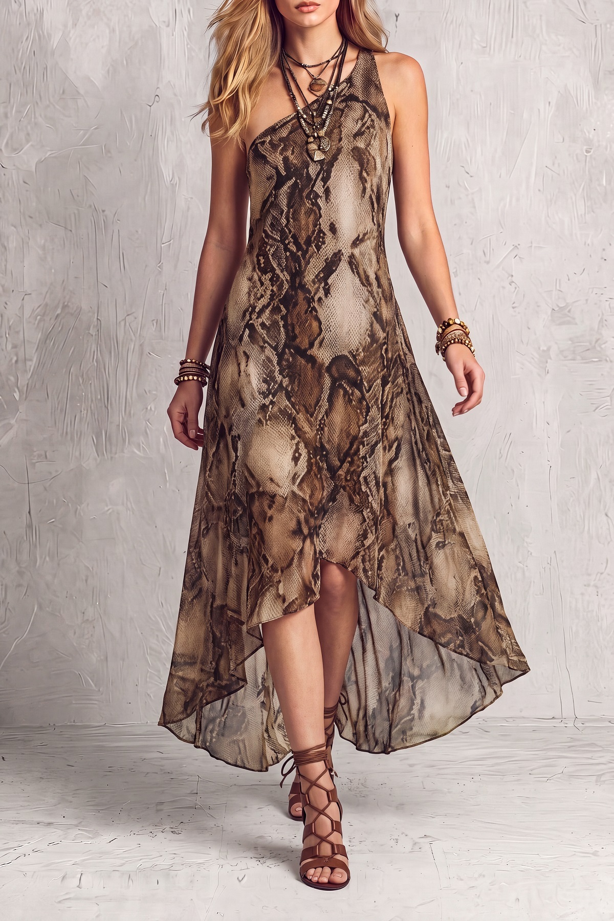 Corvexa One Shoulder Snake Print Maxi Dress