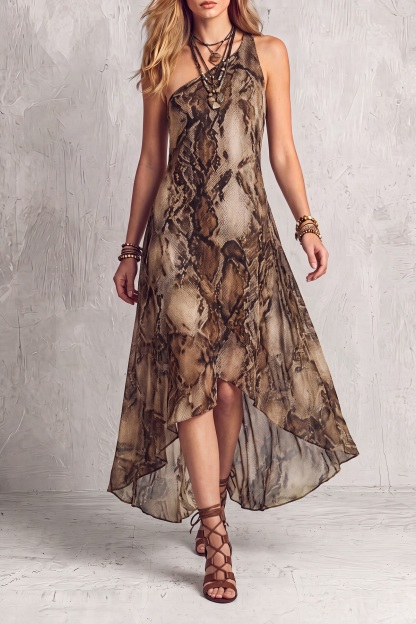 Corvexa One Shoulder Snake Print Maxi Dress