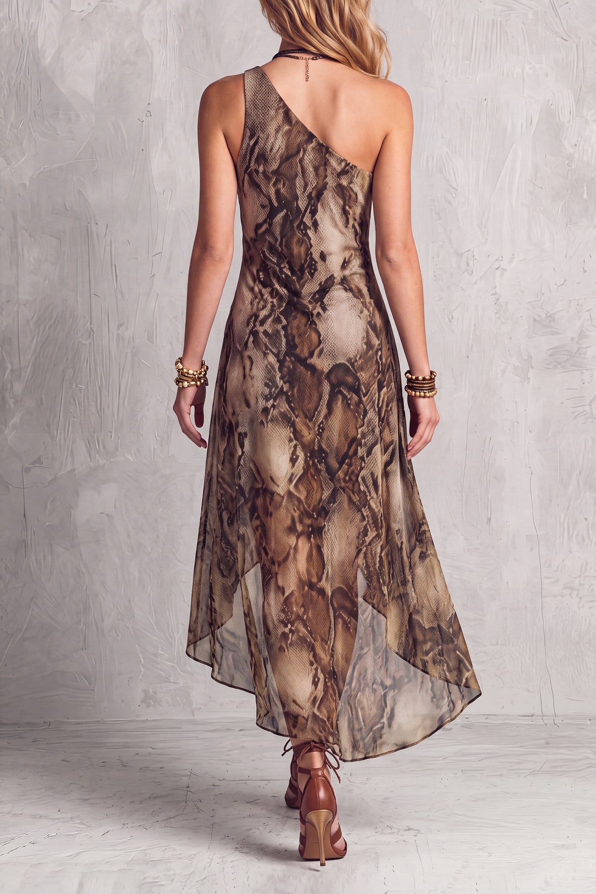 Corvexa One Shoulder Snake Print Maxi Dress