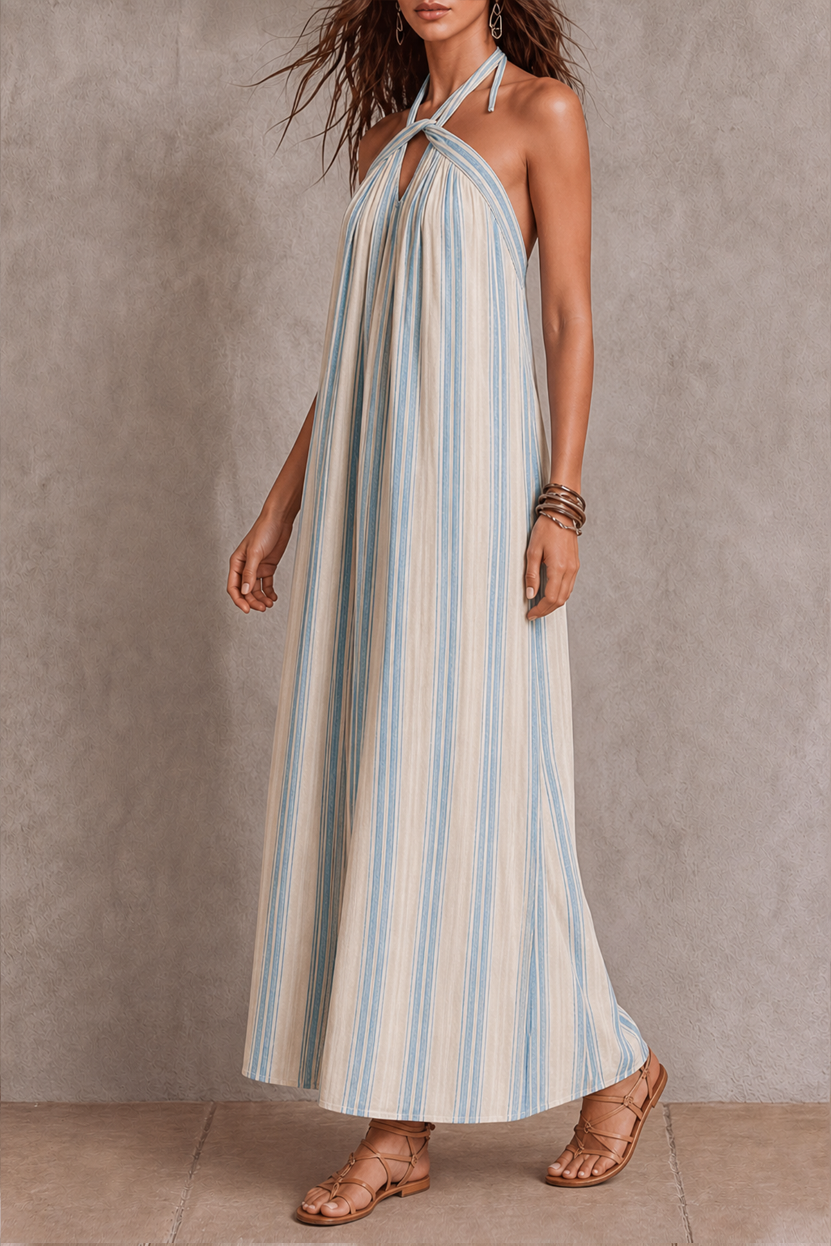Cylenne Halter Neck Cutout Stripe Maxi Dress