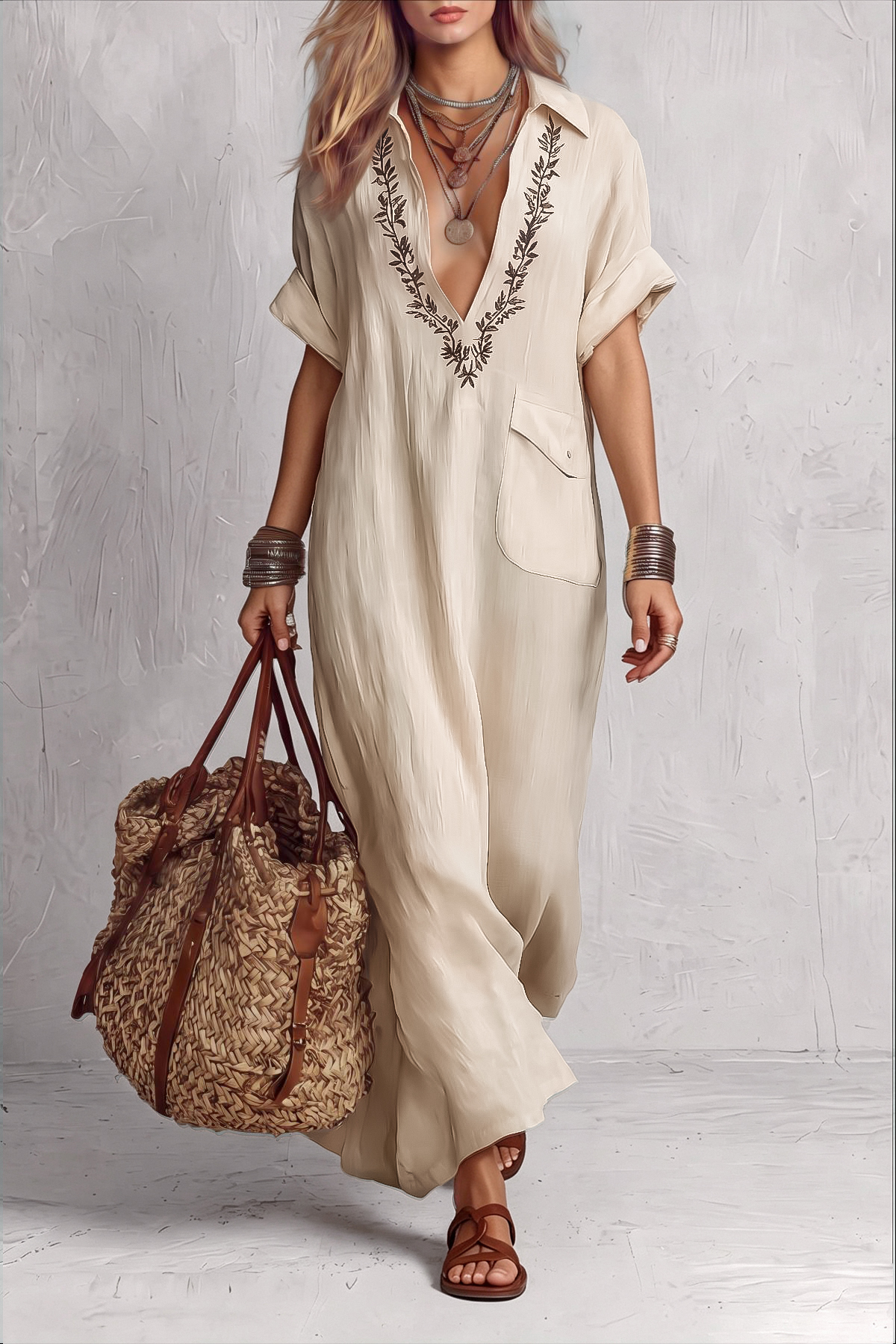 Cyvelle Plunge Neck Embroidery Maxi Dress