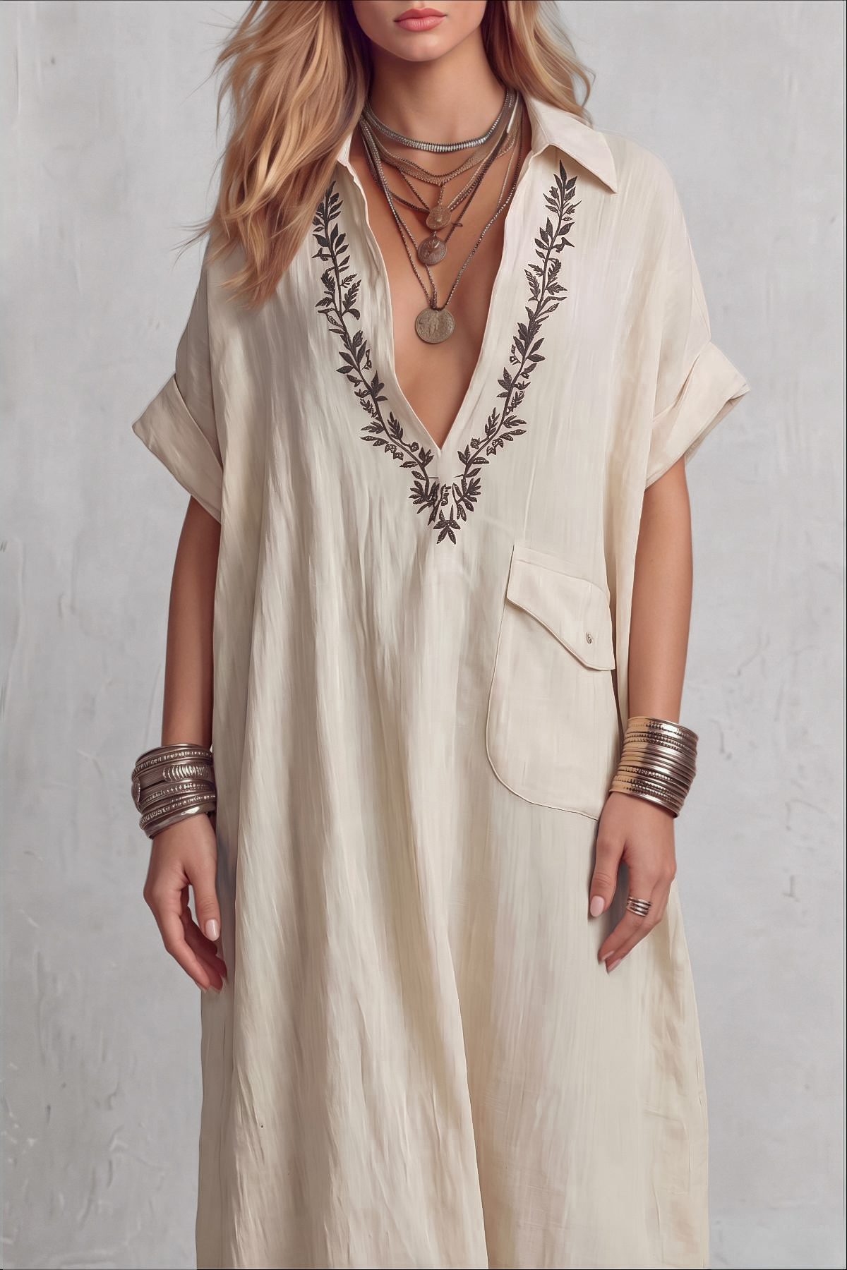 Cyvelle Plunge Neck Embroidery Maxi Dress