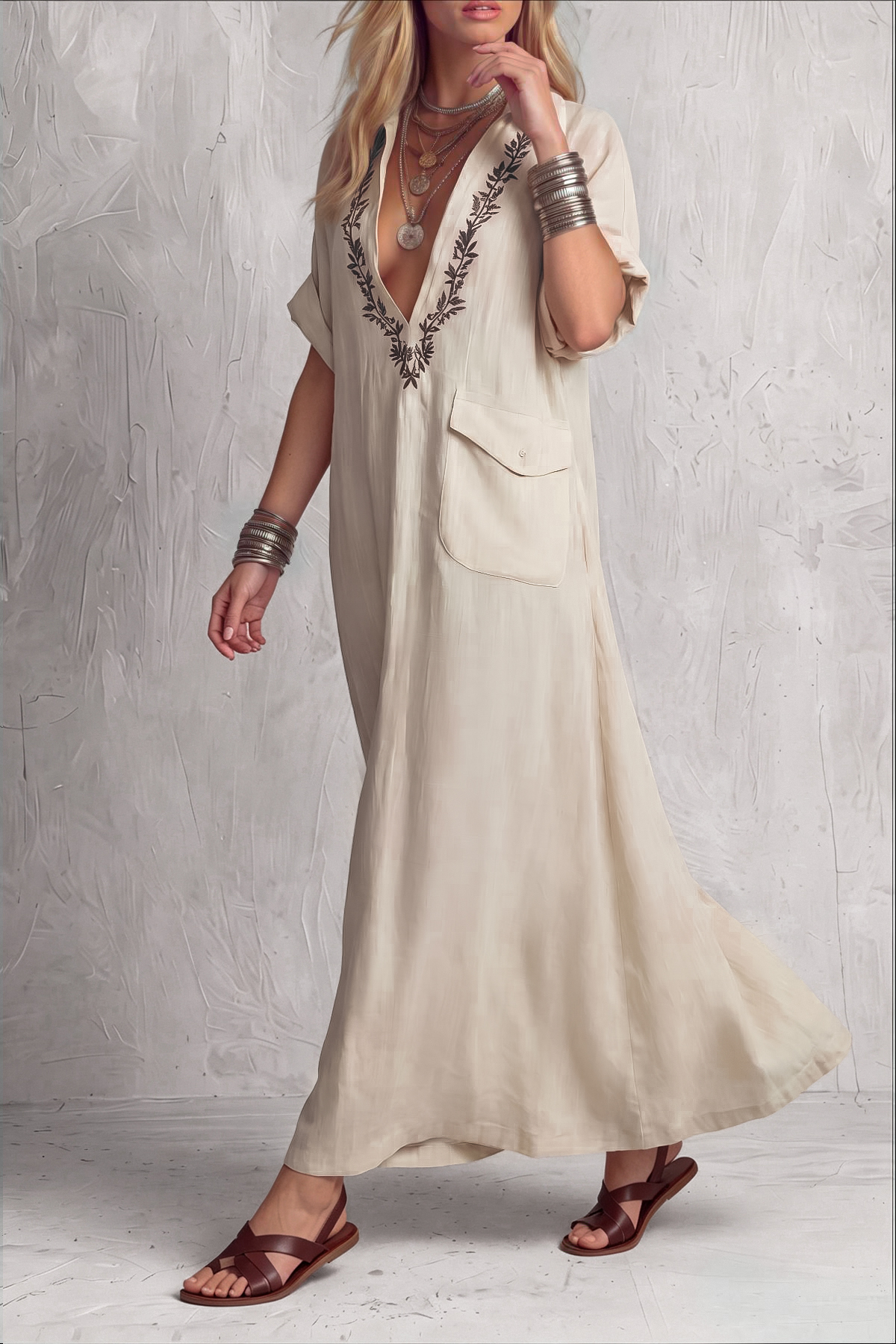 Cyvelle Plunge Neck Embroidery Maxi Dress