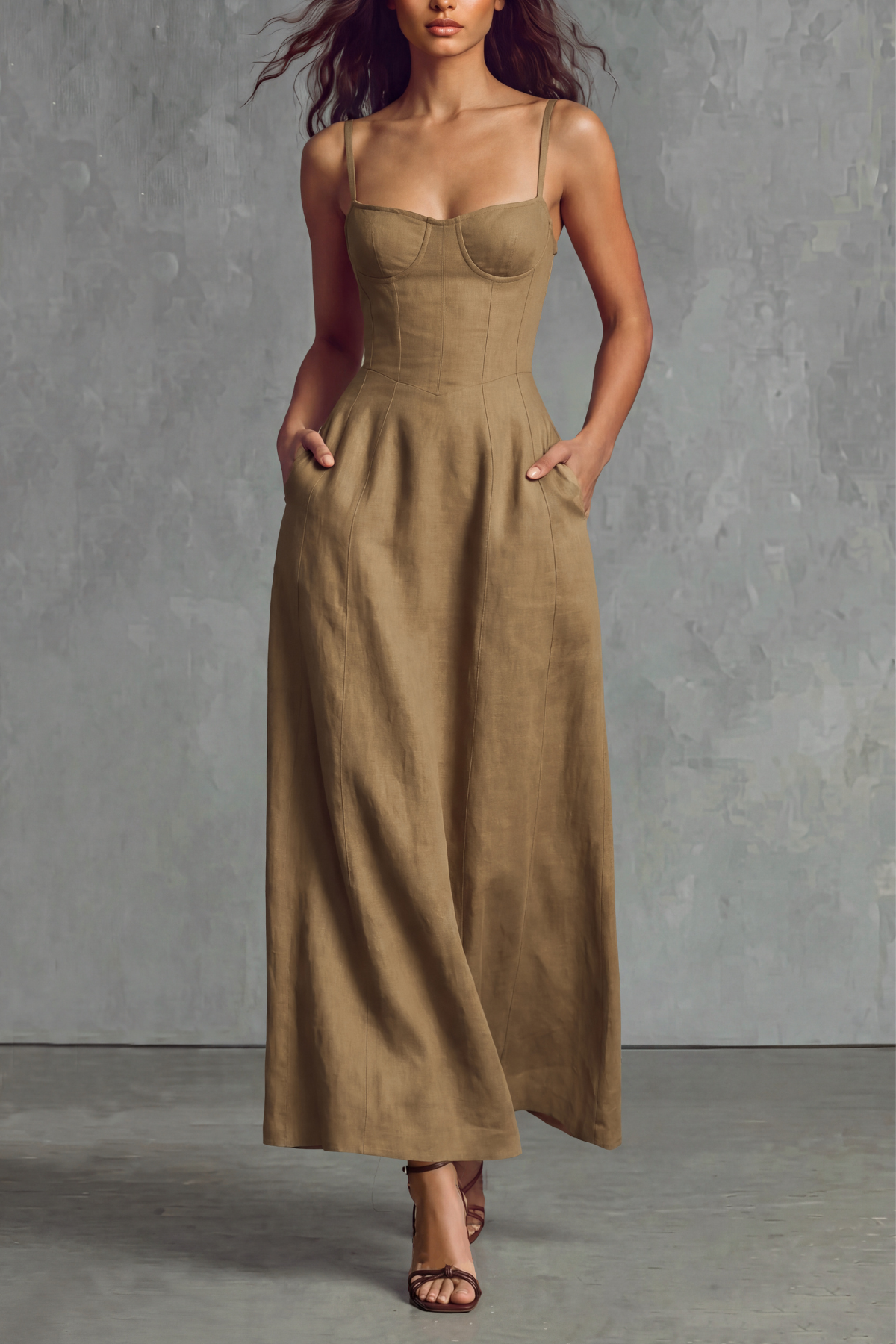 Daisy Spaghetti Square Neck Midi Dress
