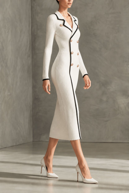Damaris Lapel Collar Button Knit Midi Dress