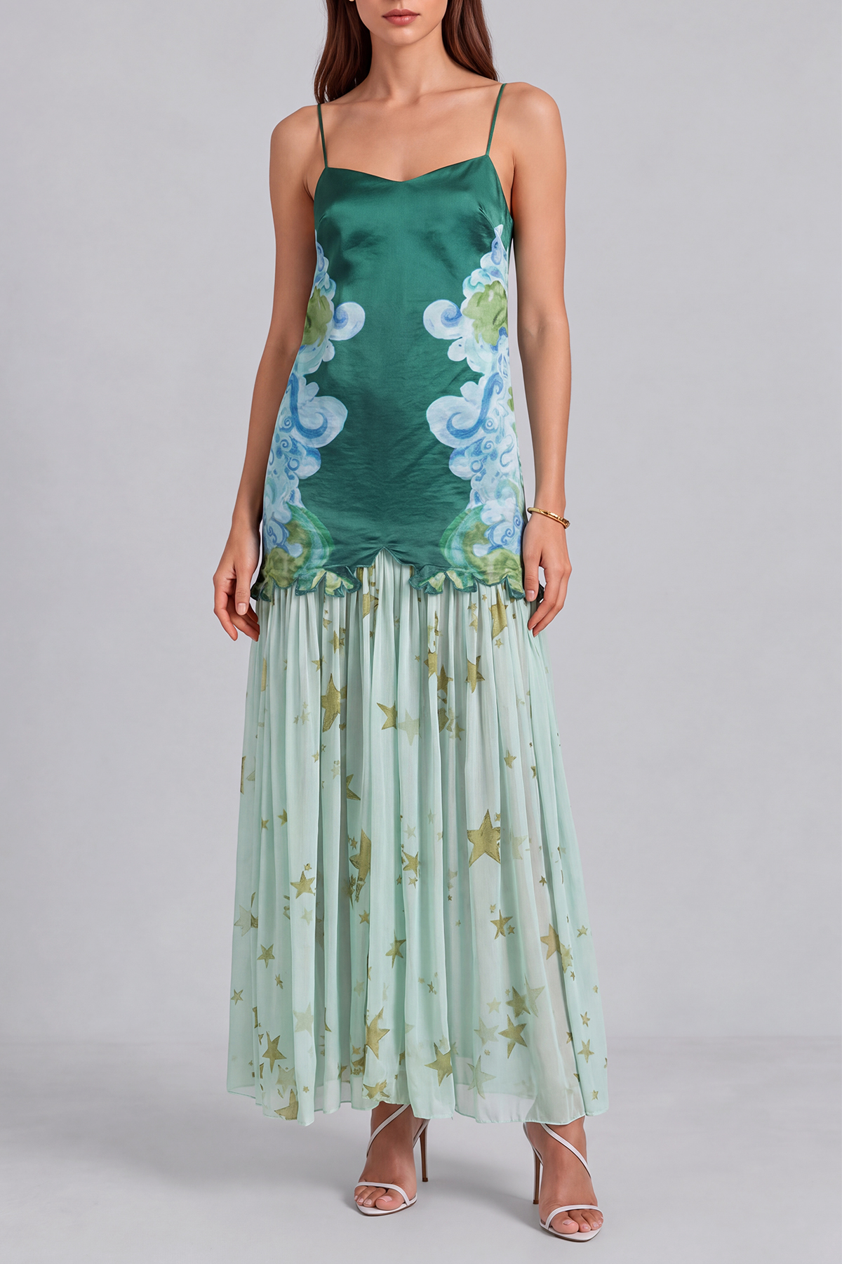 Delilah Spaghetti Print Ruched Maxi Dress