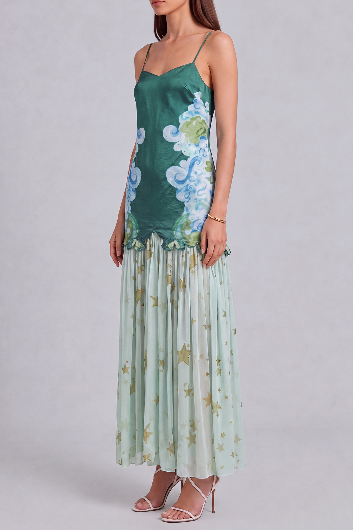 Delilah Spaghetti Print Ruched Maxi Dress