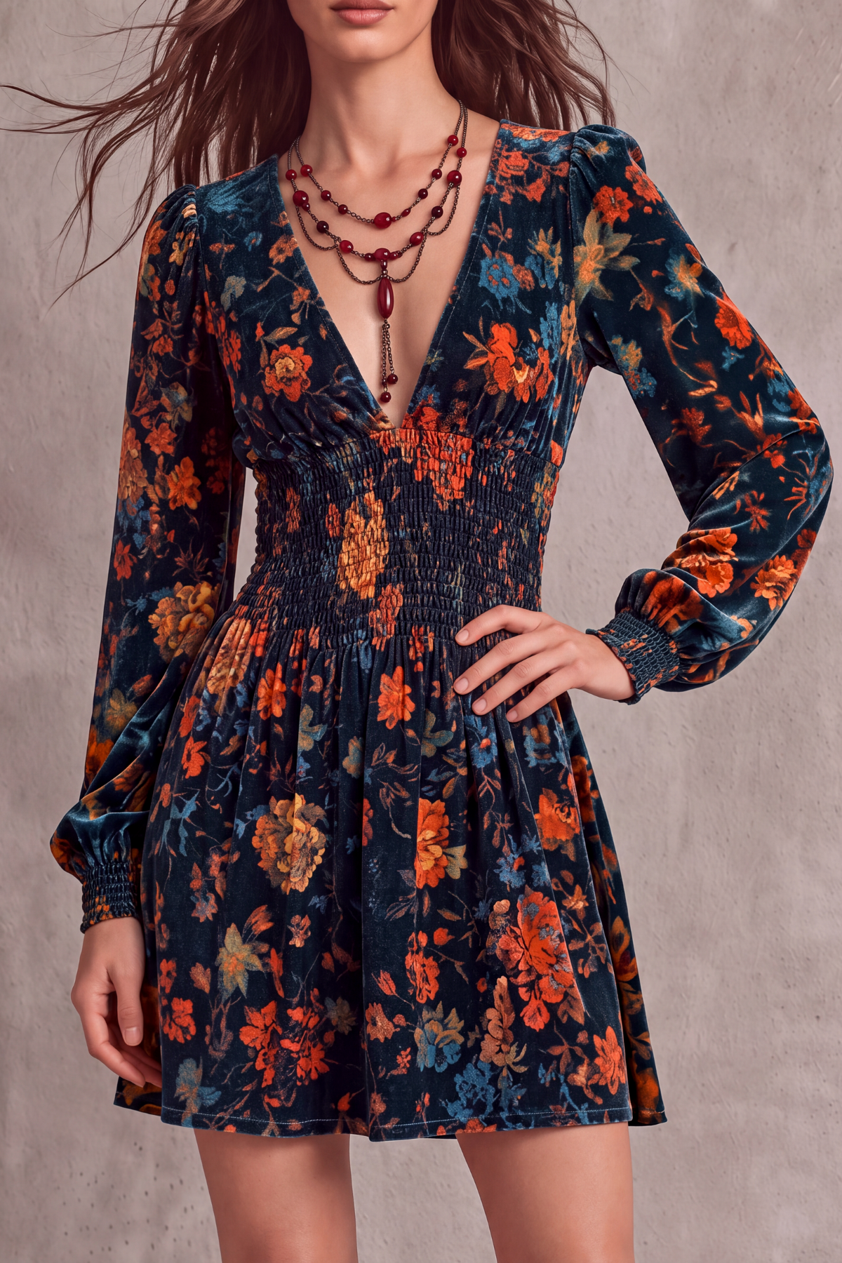 Delmira Plunge Neck Floral Mini Dress