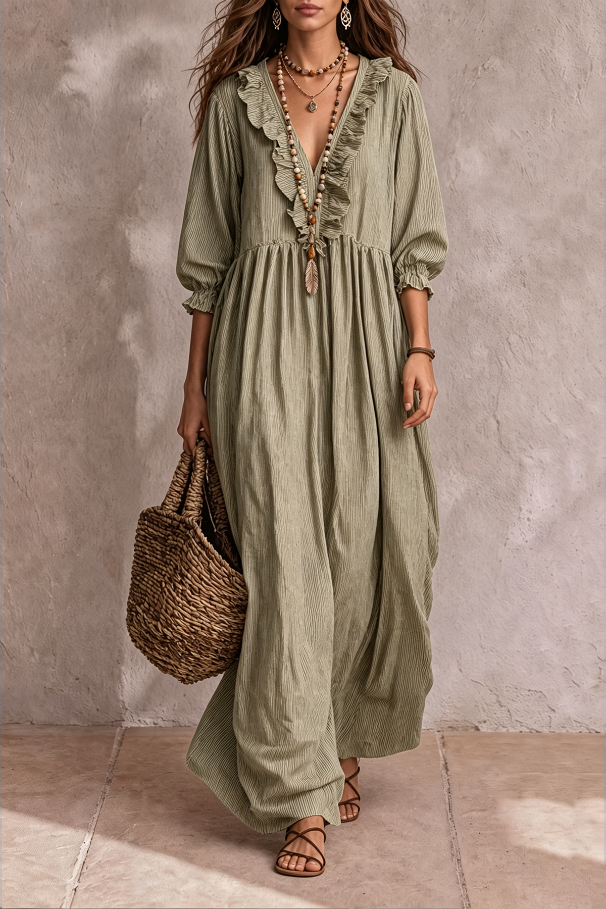 Deloire Plunge Neck Stripe Maxi Dress