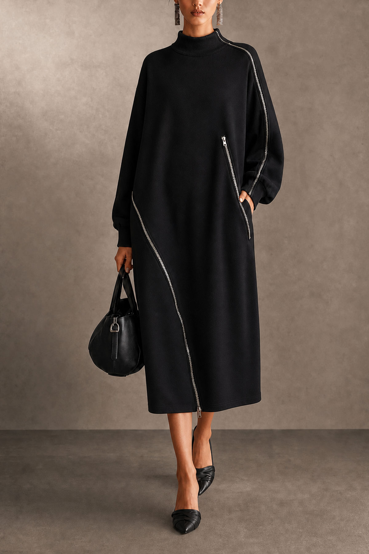 Delphine High Neck Zipper Midi Dress