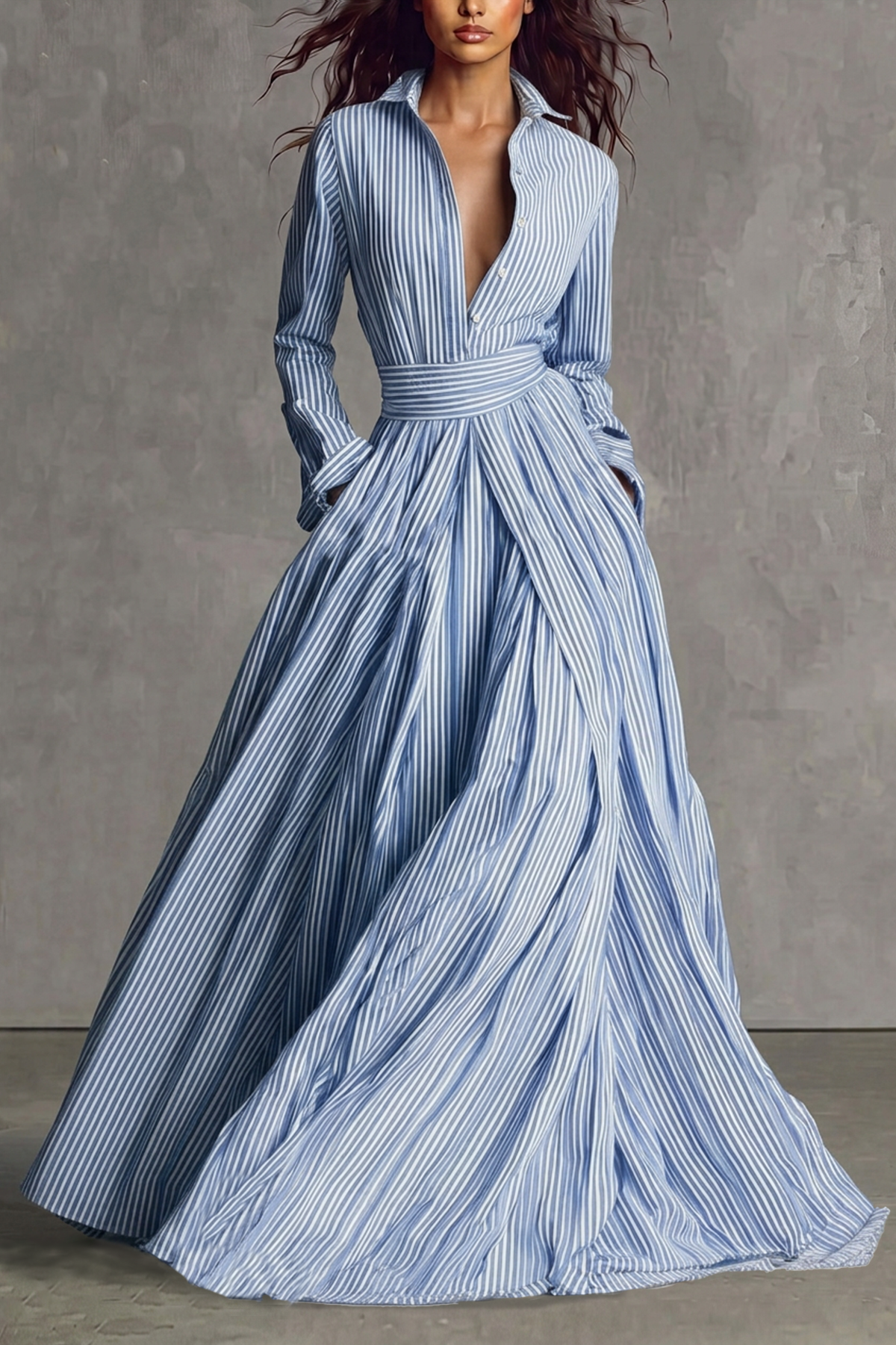 Delvara Plunge Neck Stripe Maxi Shirt Dress