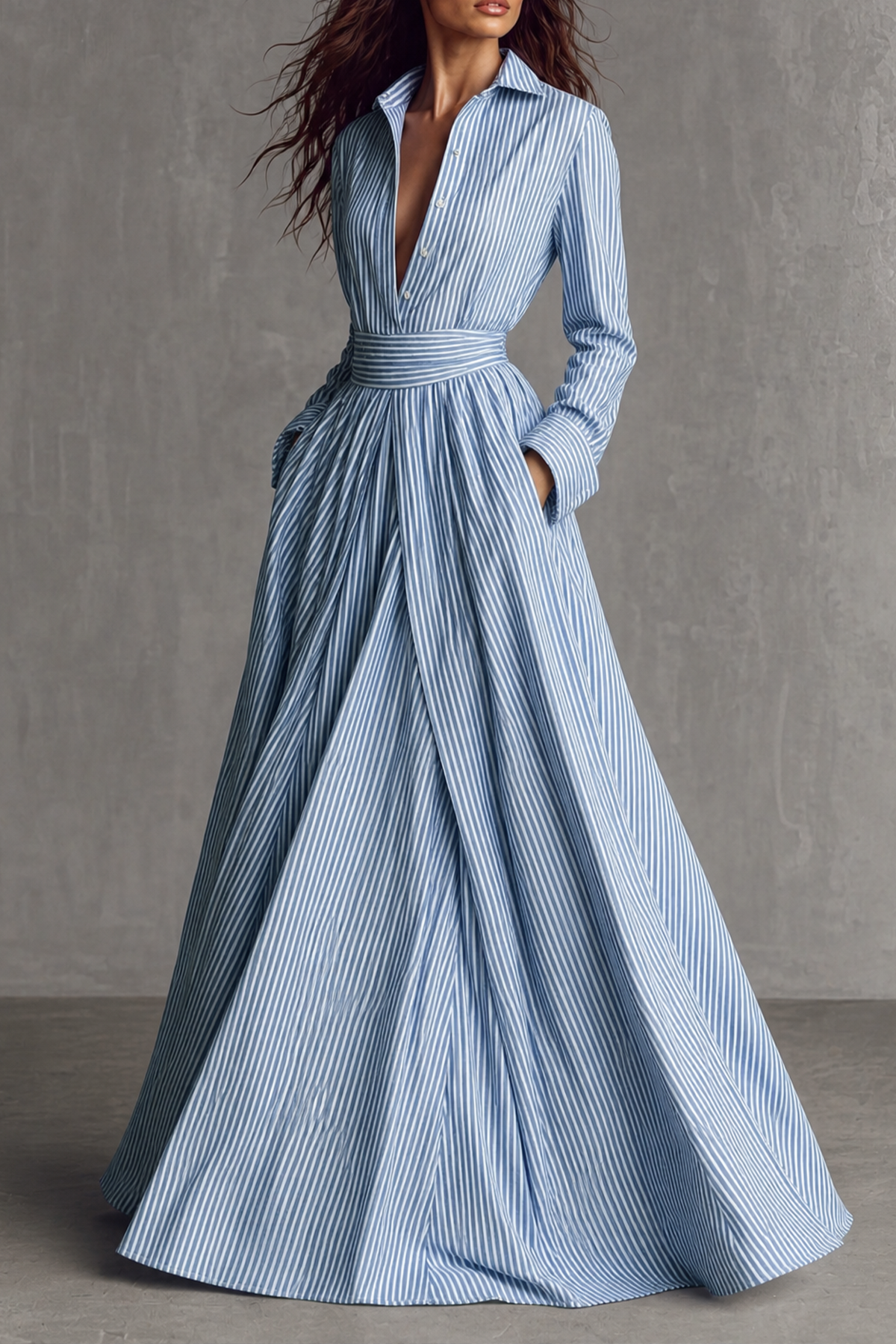 Delvara Plunge Neck Stripe Maxi Shirt Dress