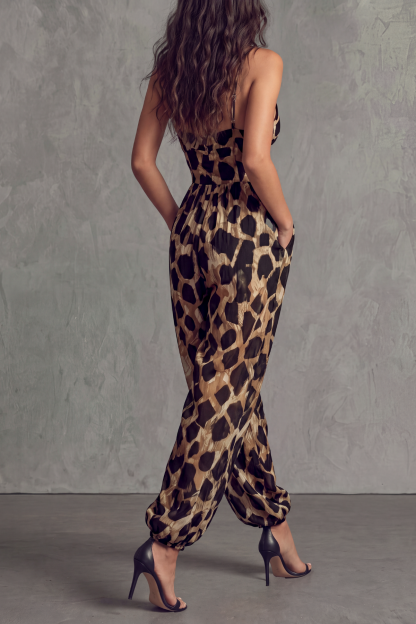 Draxia Plunge Neck Knot Leopard Print Jumpsuit