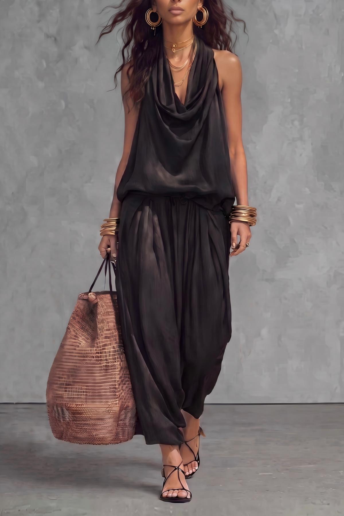 Elava Sleeveless Draped Pants Set 