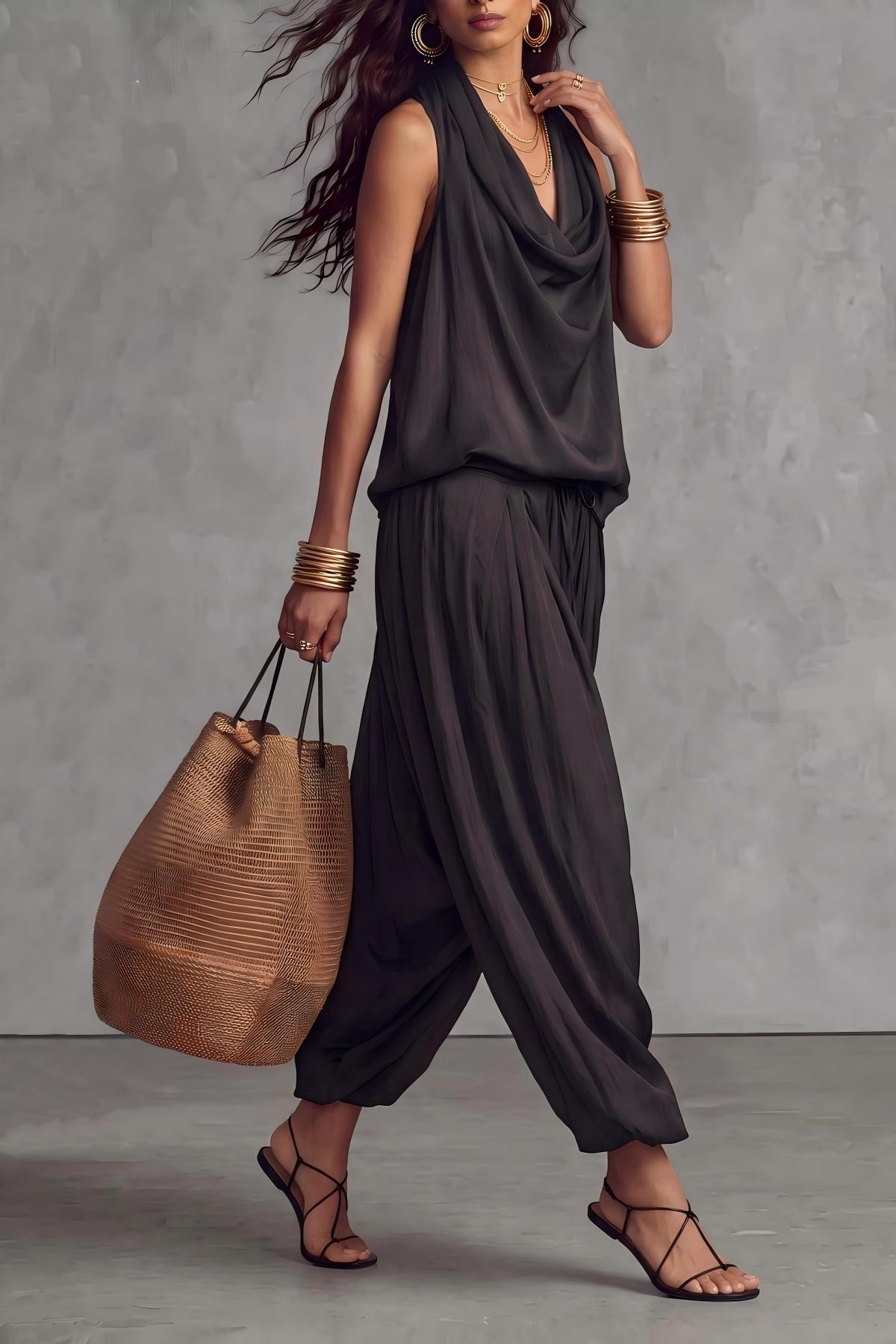Elava Sleeveless Draped Pants Set 