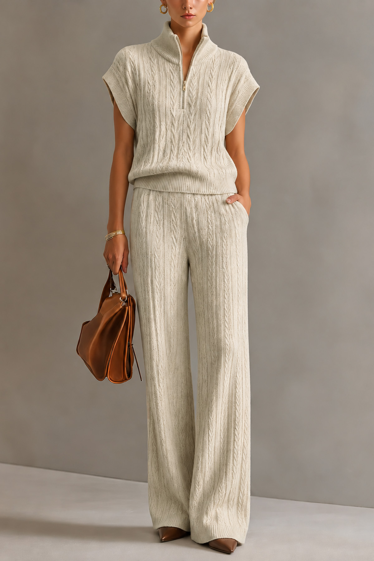 Eleri High Neck Zipper Knit Pants Set