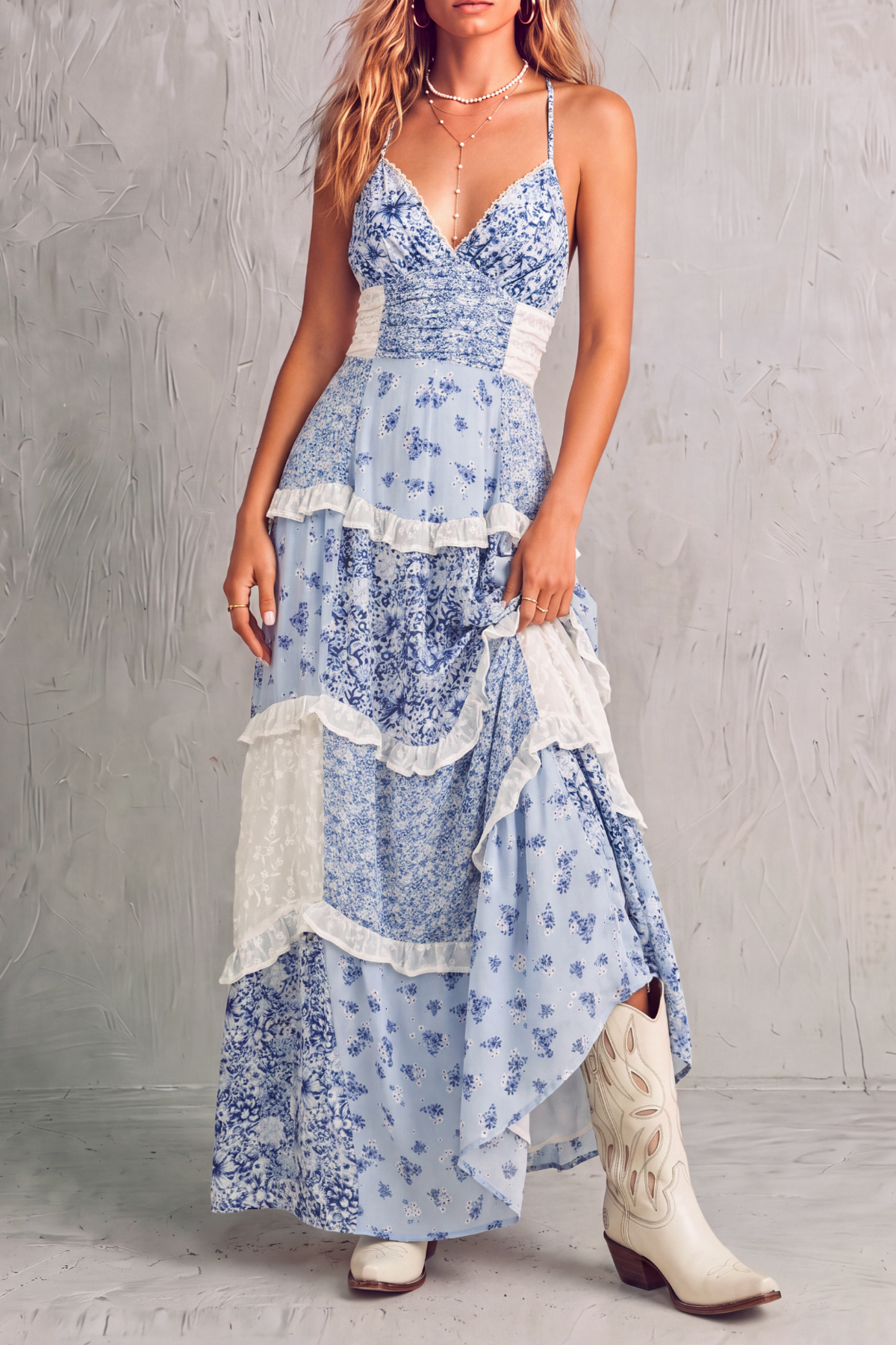 Elise Patchwork Floral Maxi Dress In Blue