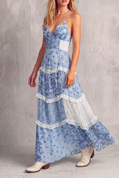 Elise Patchwork Floral Maxi Dress In Blue
