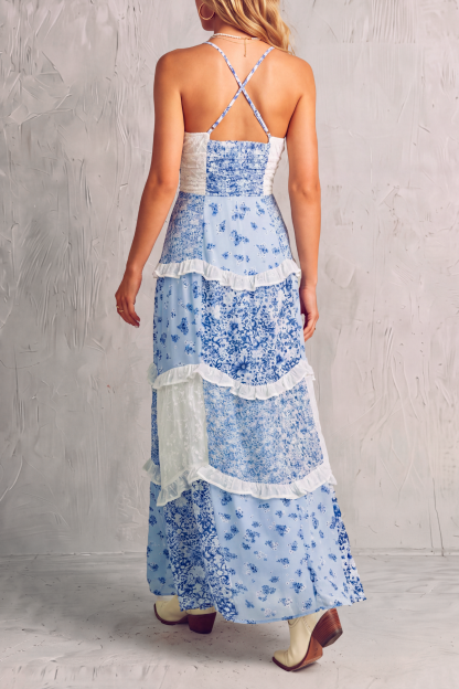 Elise Patchwork Floral Maxi Dress In Blue