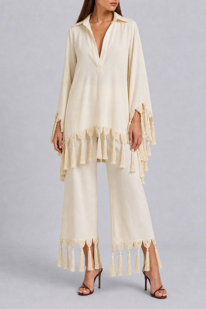 Ella Batwing Sleeve Fringe Pants Set