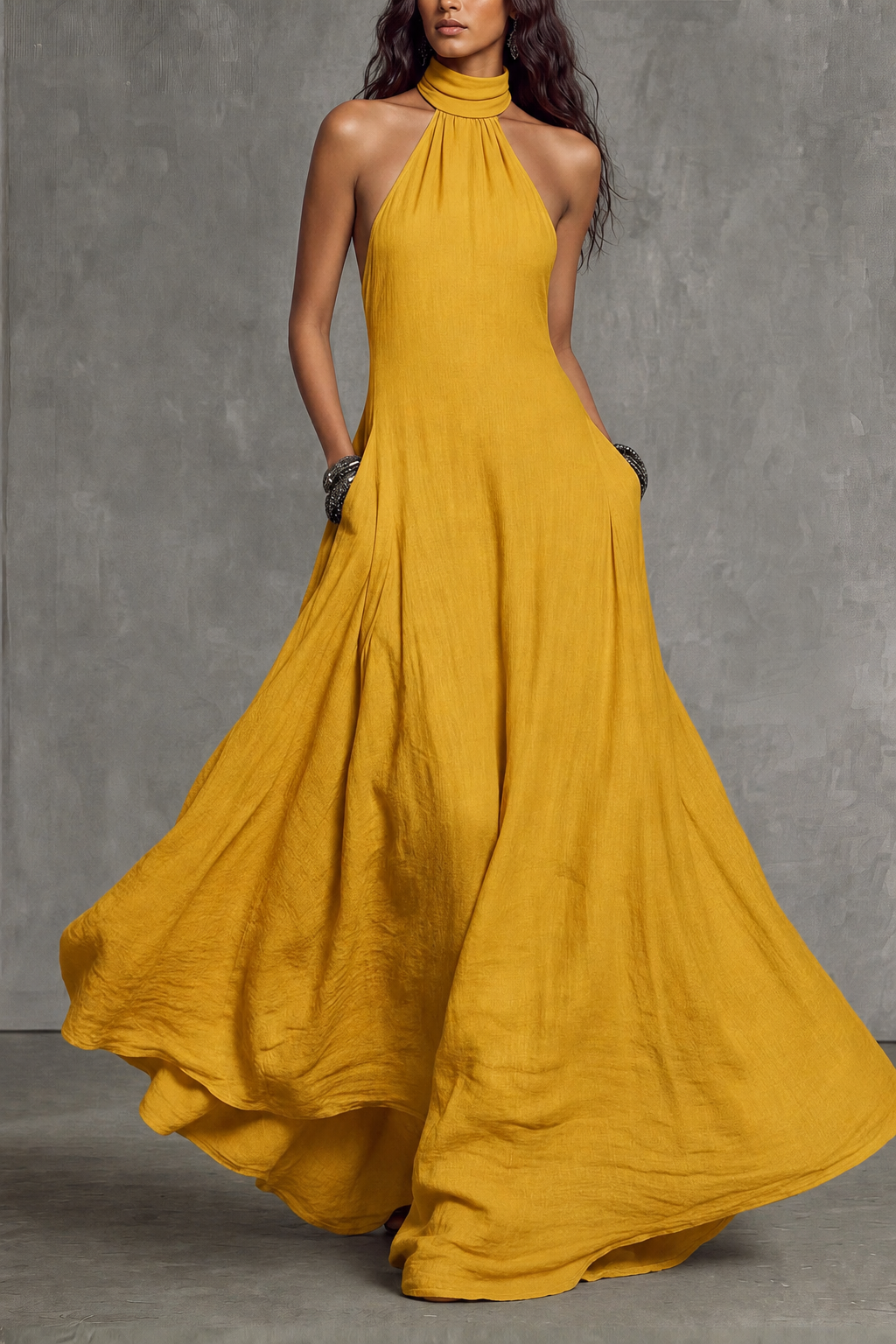 Elvore Halter Neck Pockets Maxi Dress 