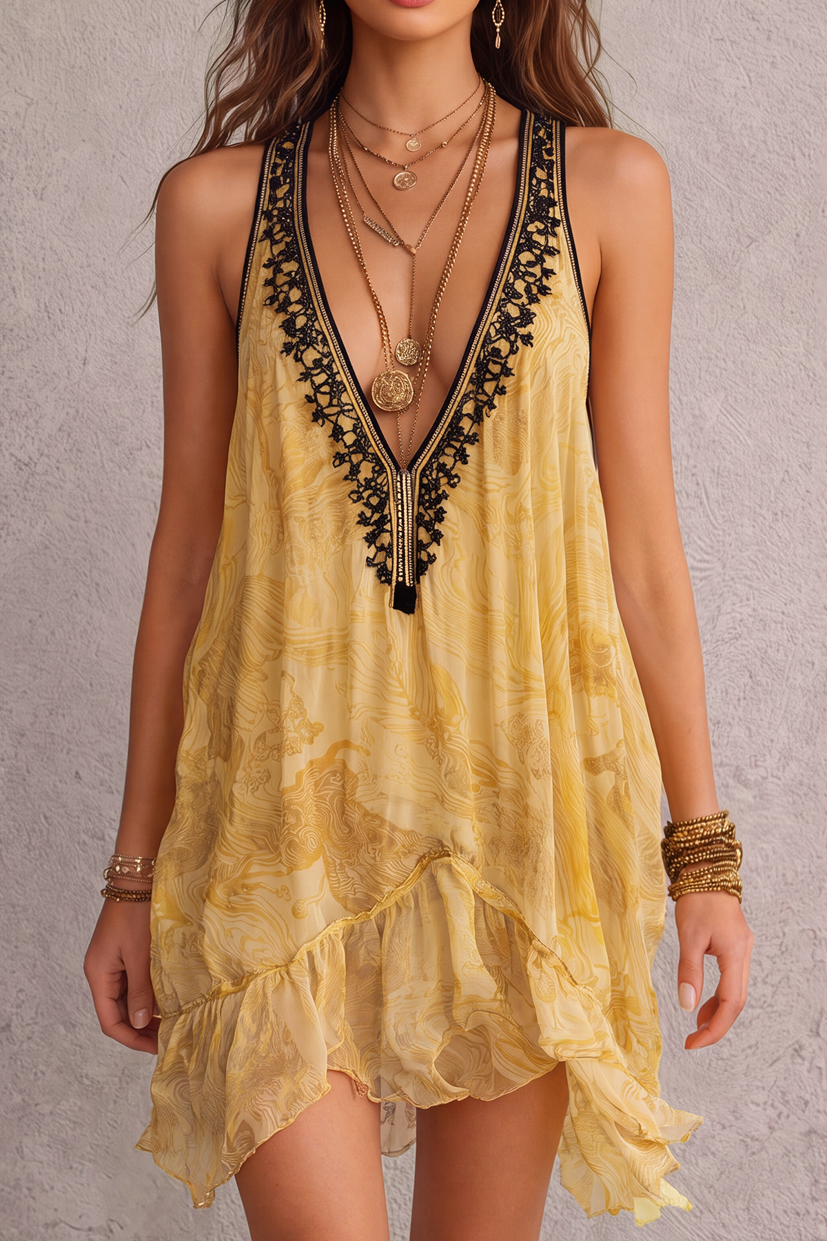 Elvyro Lace Trim Zip Print Mini Dress