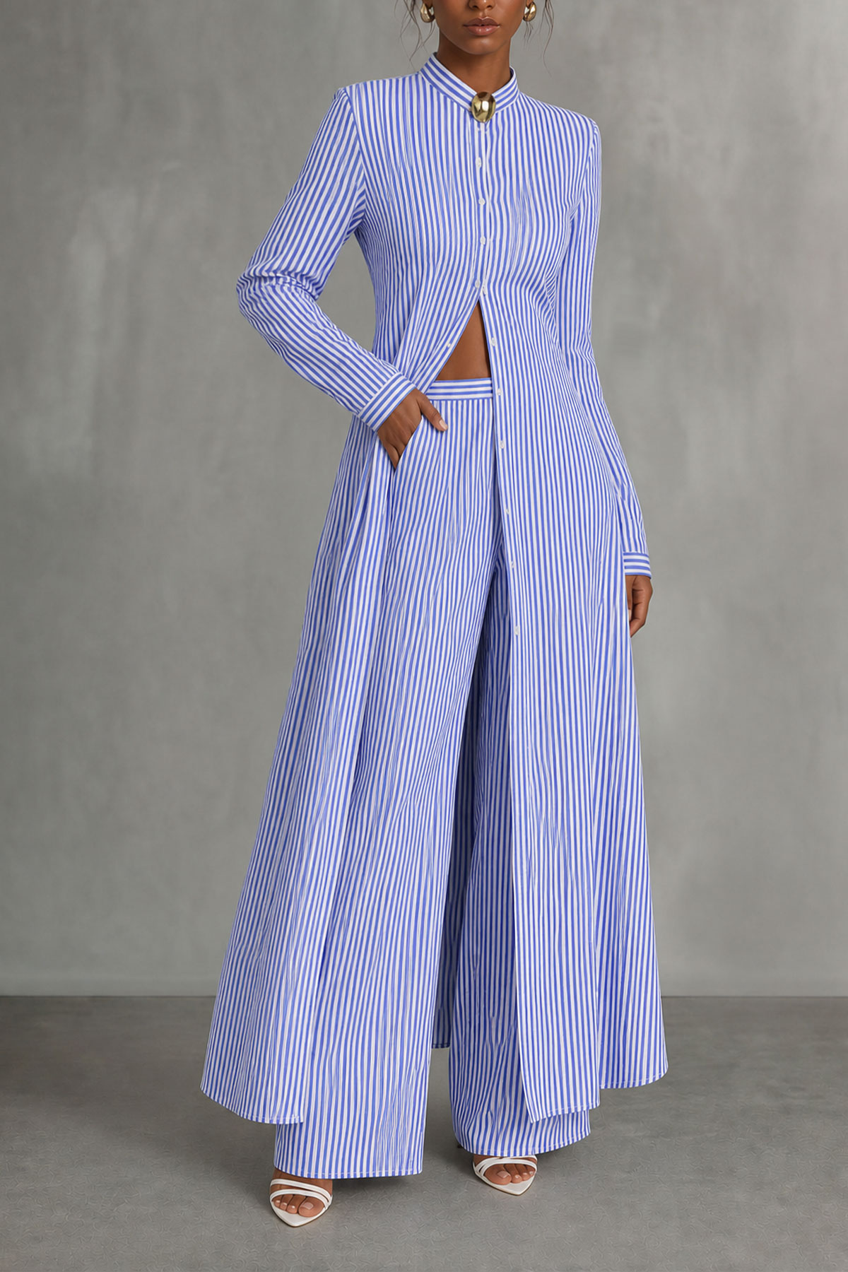 Estella Stripe Metal Decor Button Pants Set