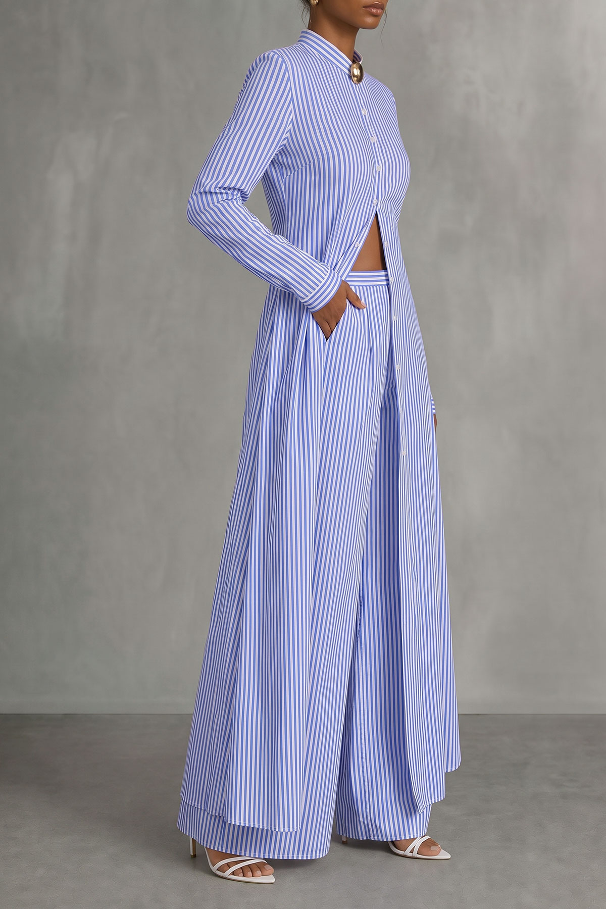 Estella Stripe Metal Decor Button Pants Set