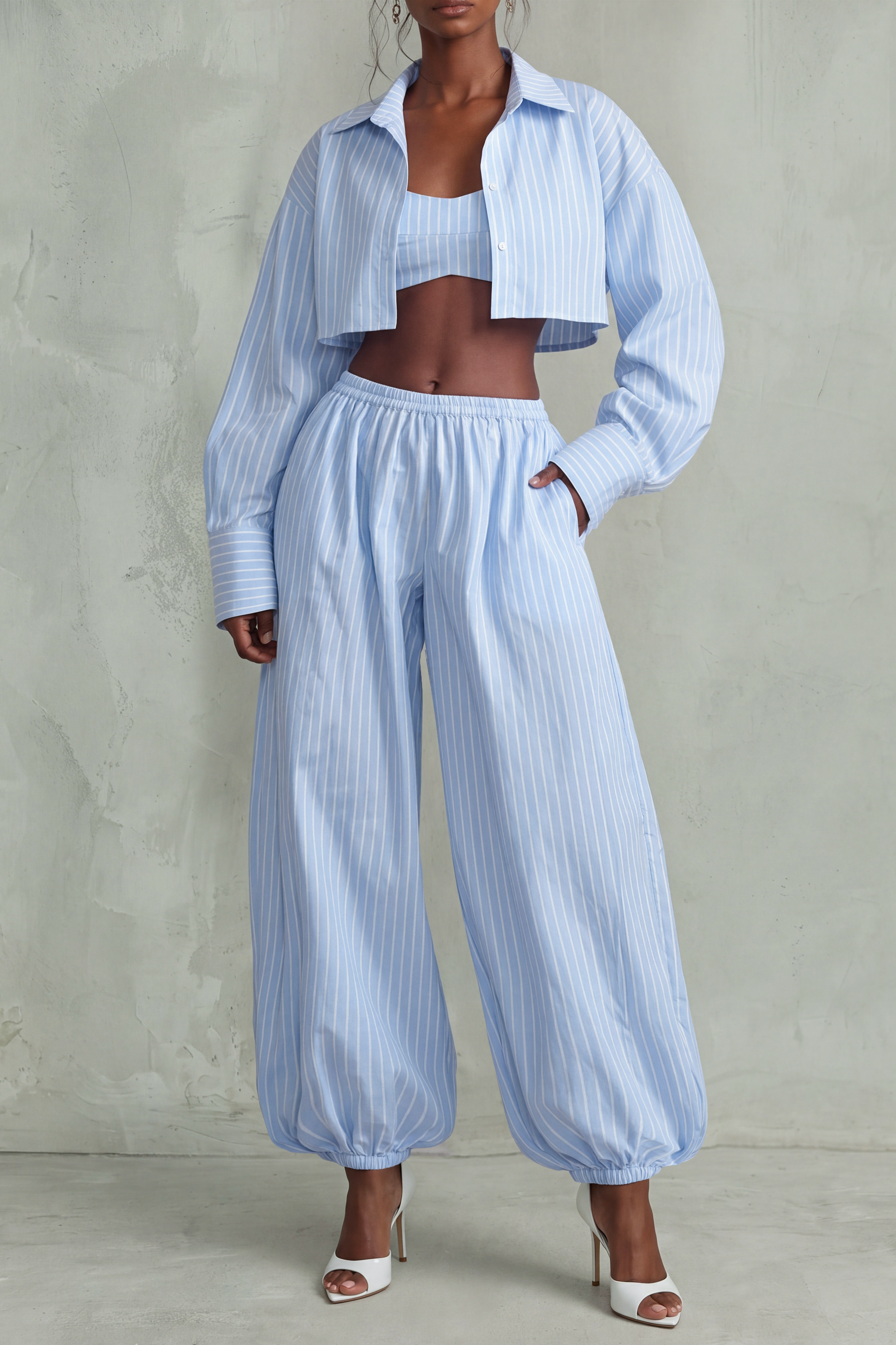 Estrella Cropped Shirt Stripe Pants Set