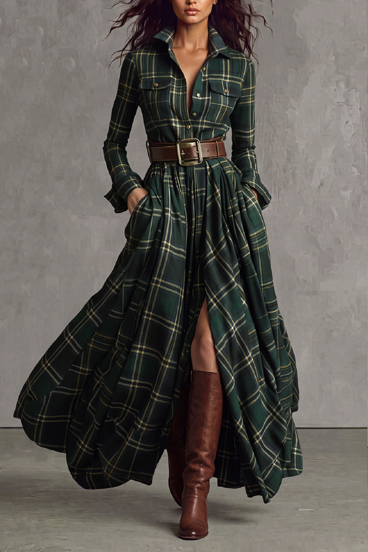 Faye Plaid Shirt Maxi Dress In Green