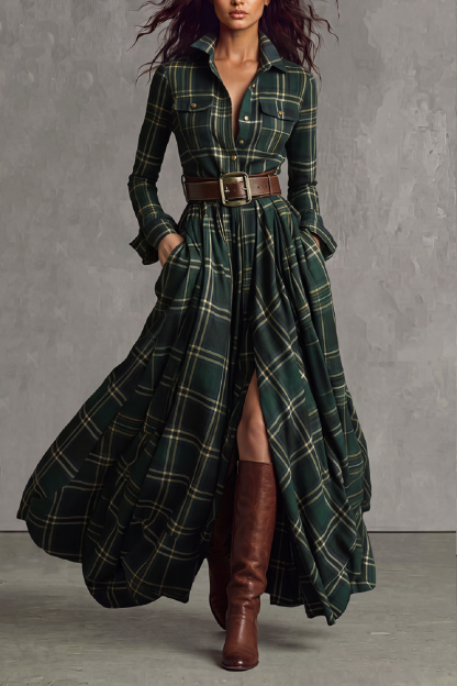 Faye Plaid Shirt Maxi Dress In Green