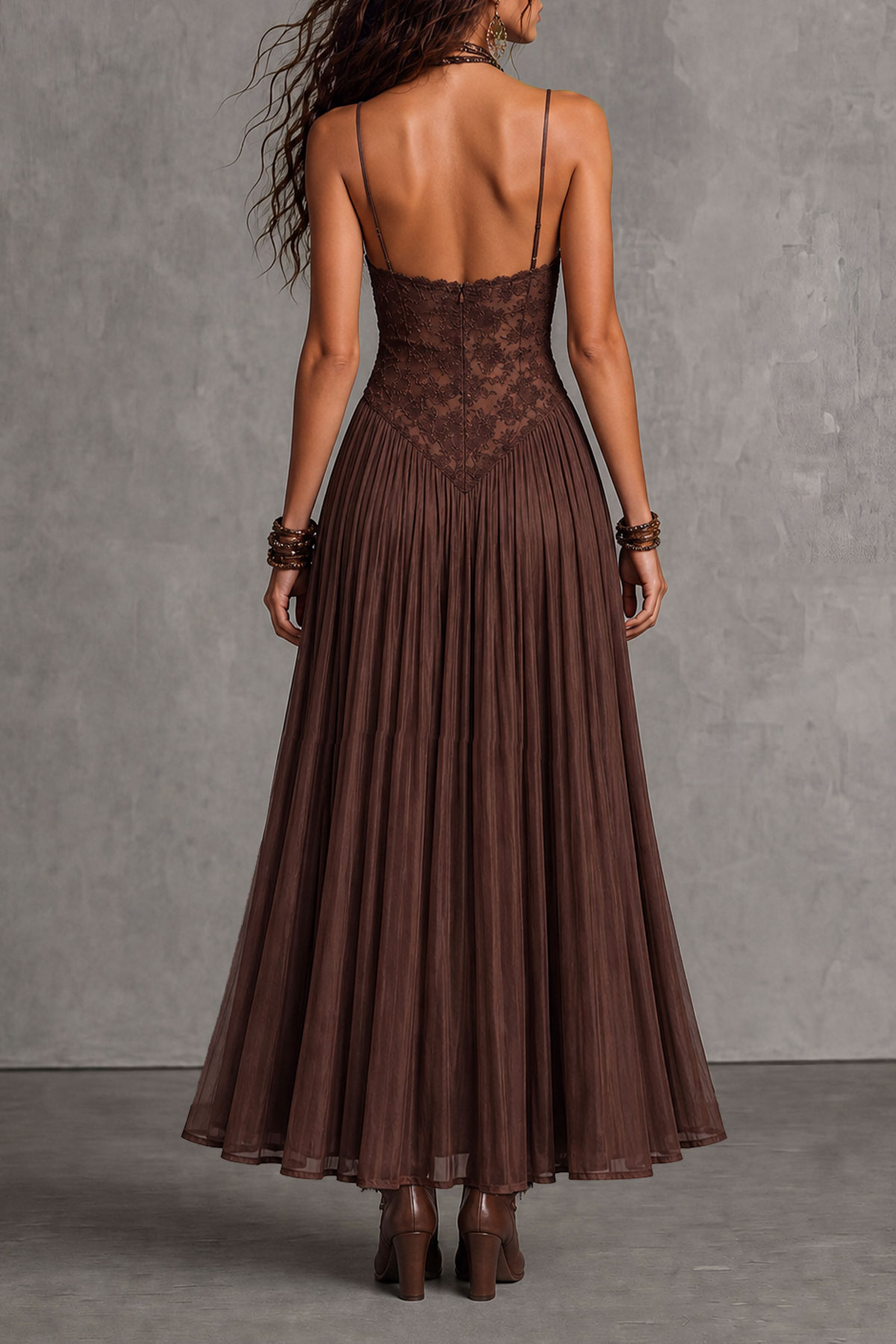 Fervella Spaghetti Lace Trim Maxi Dress