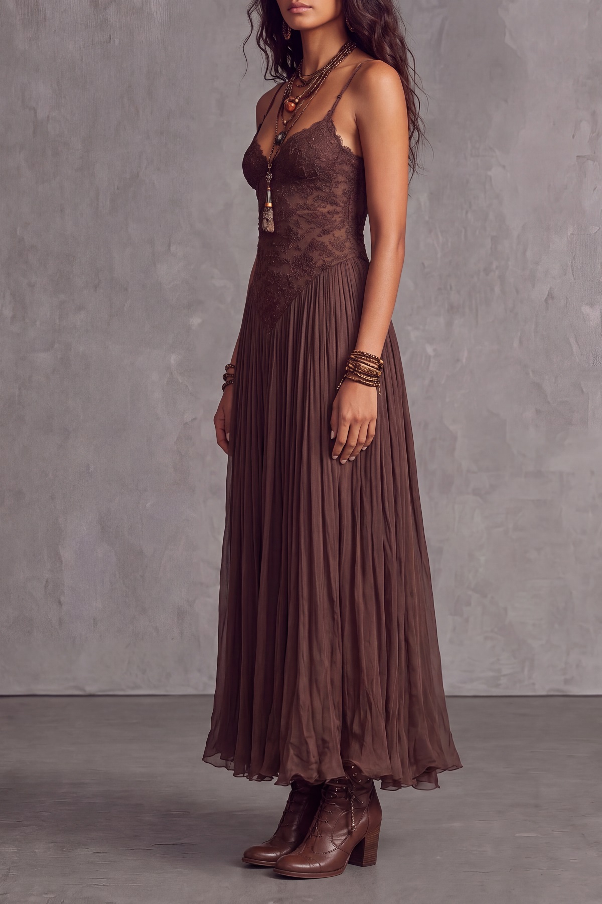 Fervella Spaghetti Lace Trim Maxi Dress