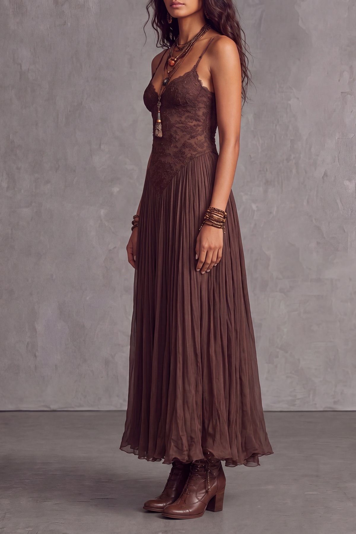 Fervella Spaghetti Lace Trim Maxi Dress
