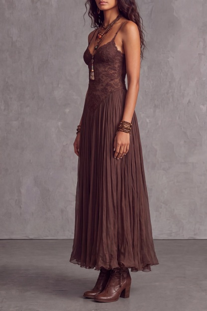 Fervella Spaghetti Lace Trim Maxi Dress