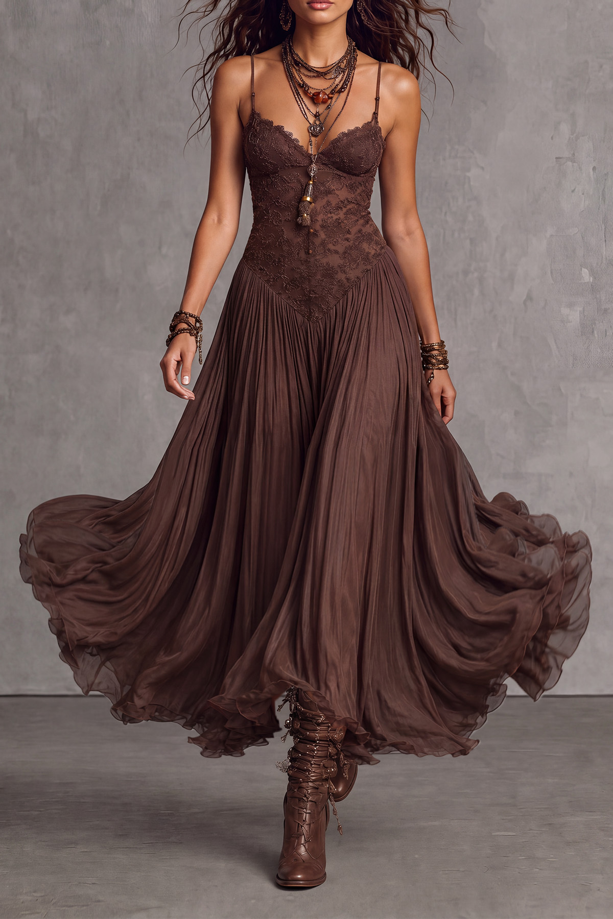 Fervella Spaghetti Lace Trim Maxi Dress