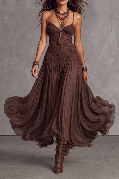 Fervella Spaghetti Lace Trim Maxi Dress