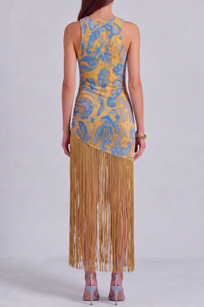 Fiona Print Fringe High Low Midi Dress