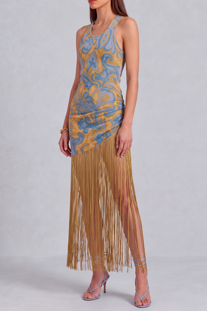 Fiona Print Fringe High Low Midi Dress