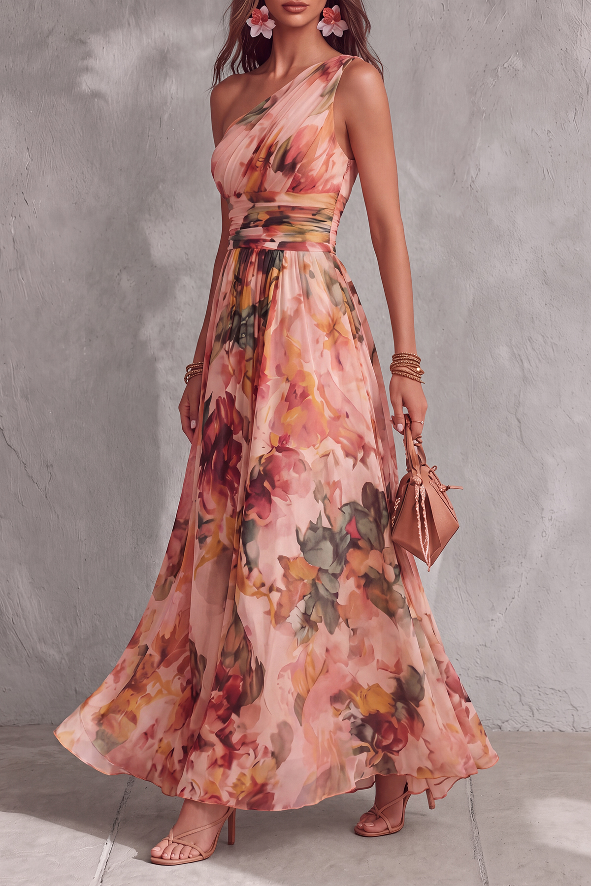 Fiorenza One Shoulder Floral Chiffon Maxi Dress
