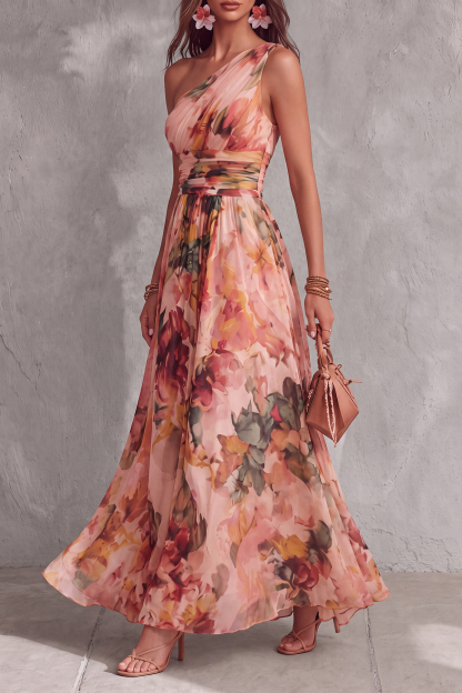 Fiorenza One Shoulder Floral Chiffon Maxi Dress