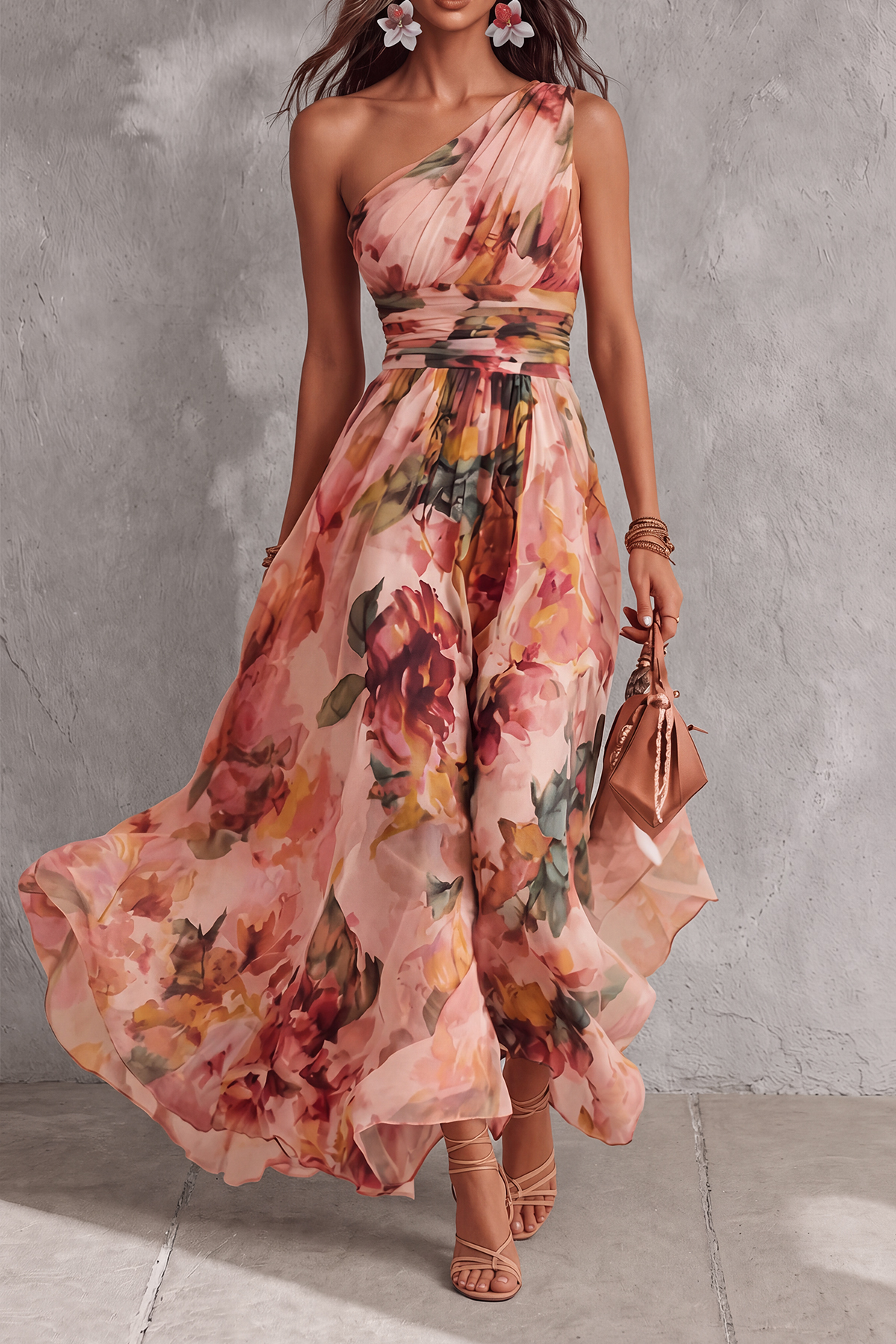 Fiorenza One Shoulder Floral Chiffon Maxi Dress