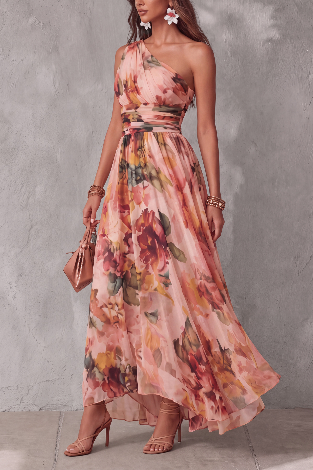 Fiorenza One Shoulder Floral Chiffon Maxi Dress