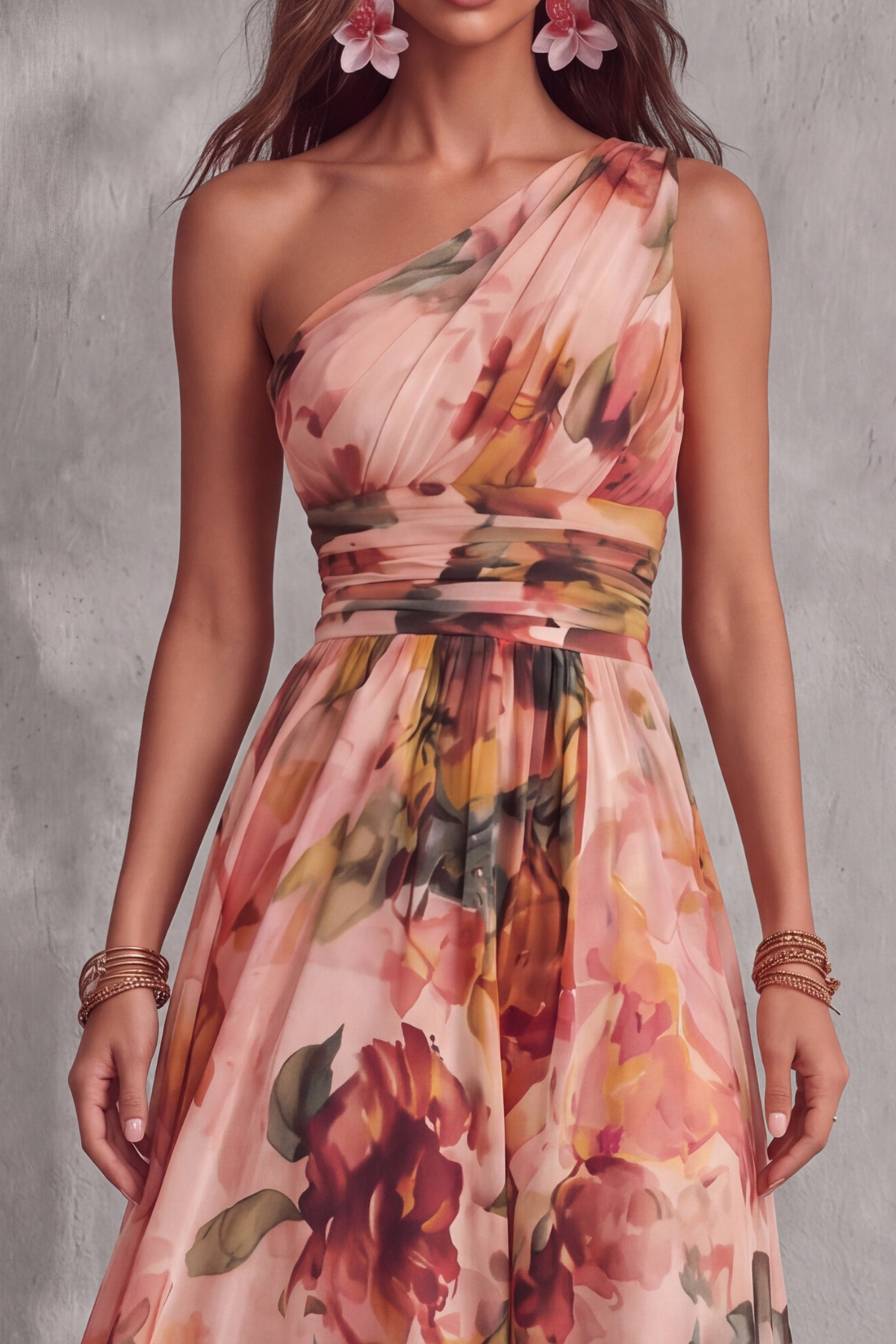 Fiorenza One Shoulder Floral Chiffon Maxi Dress