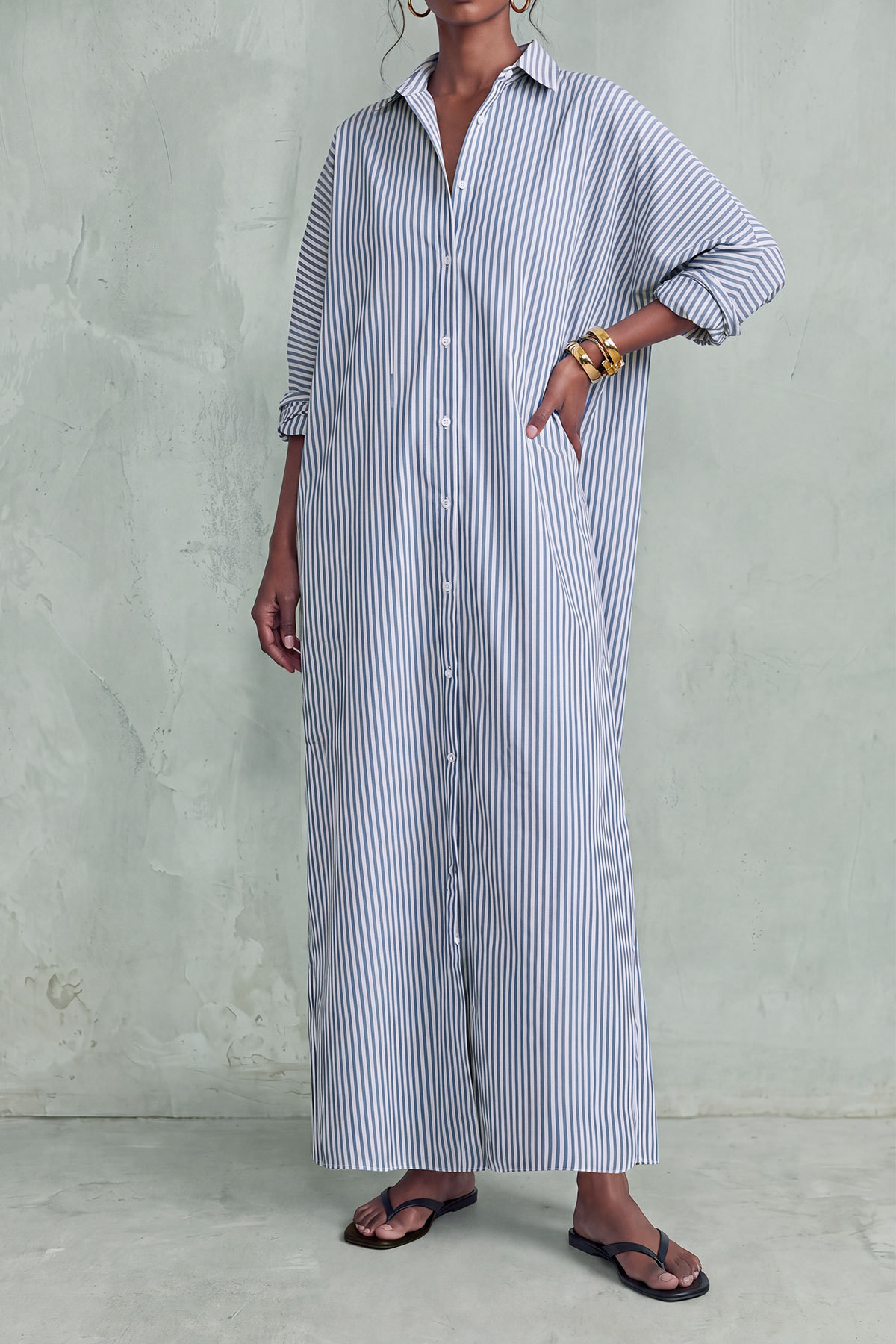 Flora Button Stripe Slit Maxi Dress